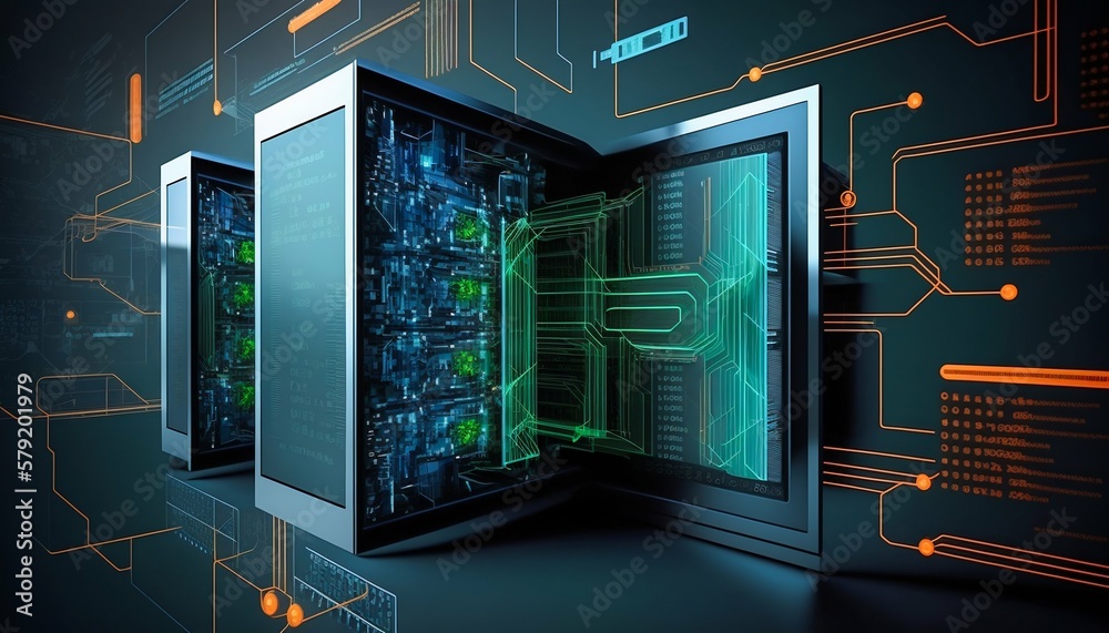 Poster data center and computer servers with information background. generative ai