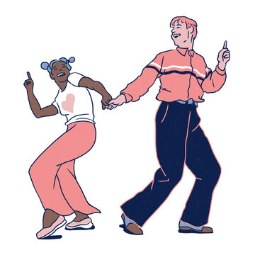 Two Smiling Swing Dancers Holding Hands - Black Woman And White Man Dancing Happy Dance Moves Isolated Transparent Background Png Clipart - Retro Character Illustration Art