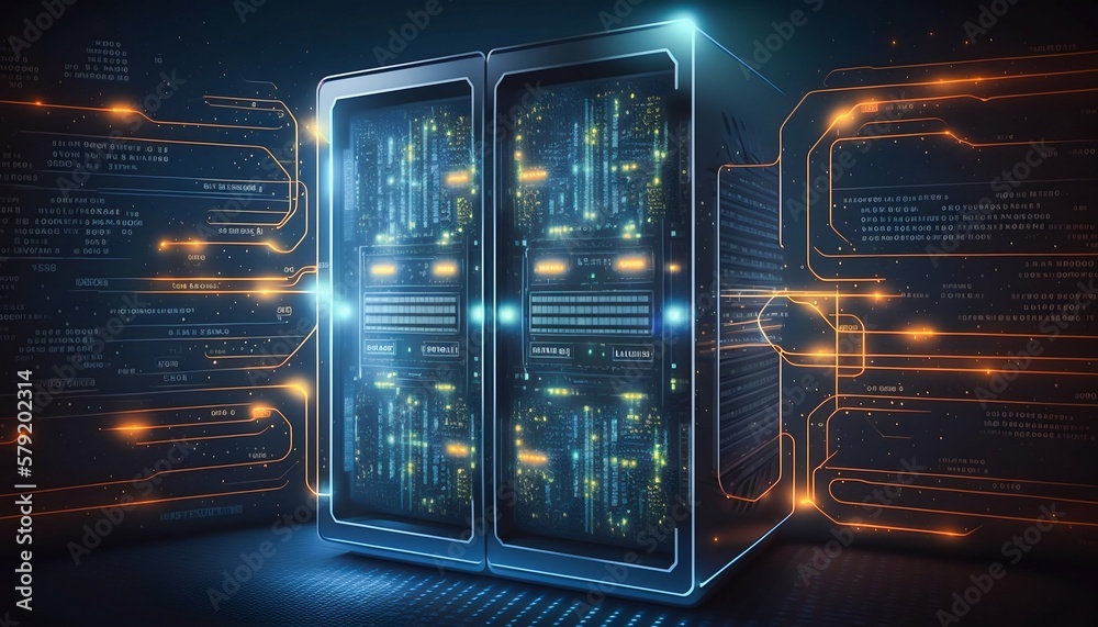 Poster data center and computer servers with information background. generative ai