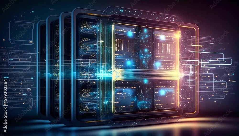 Poster data center and computer servers with information background. generative ai