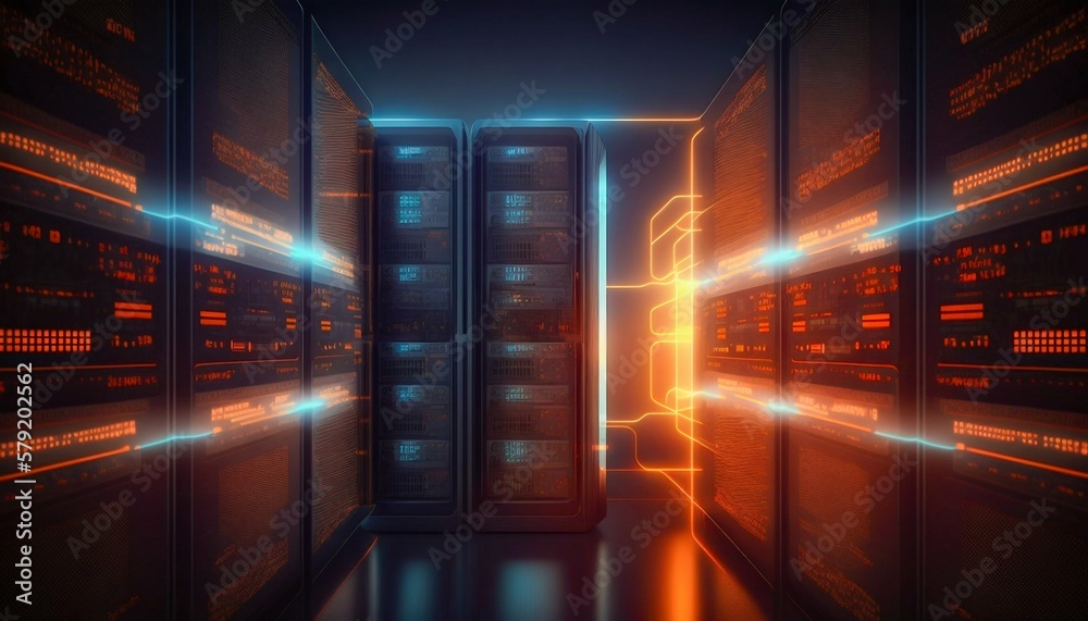 Poster data center and computer servers with information background. generative ai