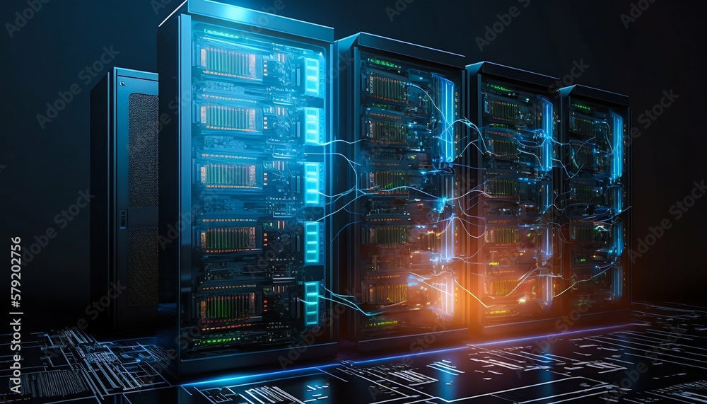 Poster data center and computer servers with information background. generative ai