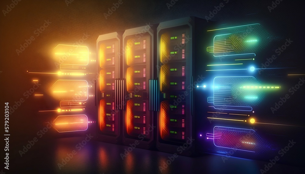 Poster data center and computer servers with information background. generative ai