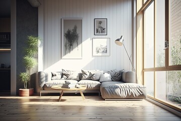 Minimalist Living Room with Natural Light and Elegant Sofa with Ai Generative