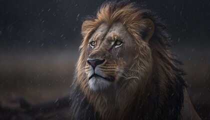 Fototapeta na wymiar Lion king standing on rain. Wildlife animal. Generative AI technology.
