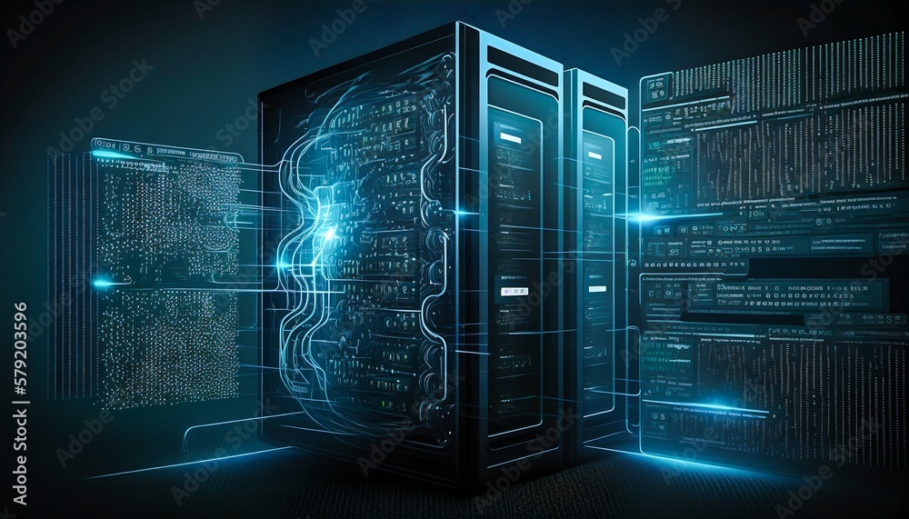 Poster data center and computer servers with information background. generative ai