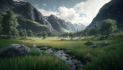 Fototapeta na wymiar Mountain grass valley river landscape background. Generative AI technology.