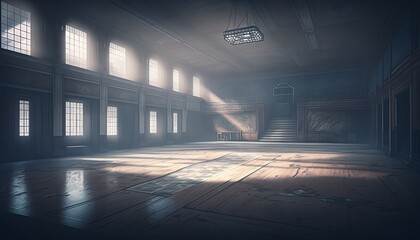 Empty abandoned old school gym interior background. Generative AI technology.