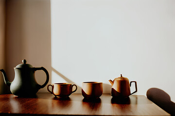 Just a hot cup of coffee on a dark wood table with a teapot beside it - belies the warm and inviting atmosphere it creates, a perfect place to kick back and relax. Created by Artificial Intelligence.