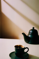 Thanks to natural light from the window, the coffee and teapot are beautifully highlighted, creating a serene and peaceful atmosphere. Created by Artificial Intelligence.