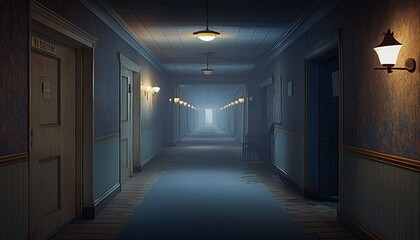 Abandoned creepy hallway of classic hotel corridor background. Generative AI technology.	 - obrazy, fototapety, plakaty