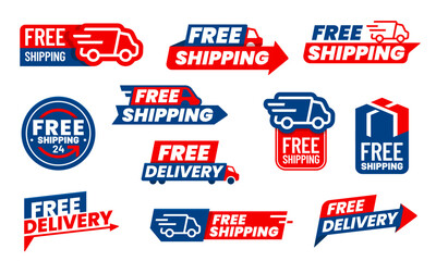 Free delivery icons, truck and arrow for shipping or courier service vector 24 hours express order symbols. Free delivery stickers with van car and parcel box or mail package for express shipping