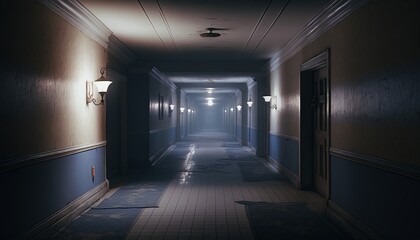 Abandoned empty hallway of classic hotel corridor background. Generative AI technology.	