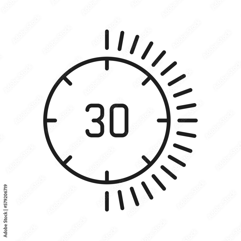 Poster speed tracker on 30 minutes, deadline outline icon. vector half hour or minute, sport stopwatch time