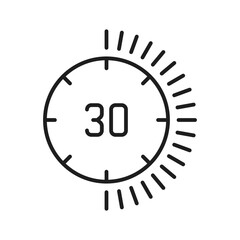 Speed tracker on 30 minutes, deadline outline icon. Vector half hour or minute, sport stopwatch timer. Thin line countdown sign, training chronometer