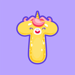 Uppercase T unicorn alphabet sign, English Latin ABC type cartoon character with horn, cute face and pink hair. Funny personage