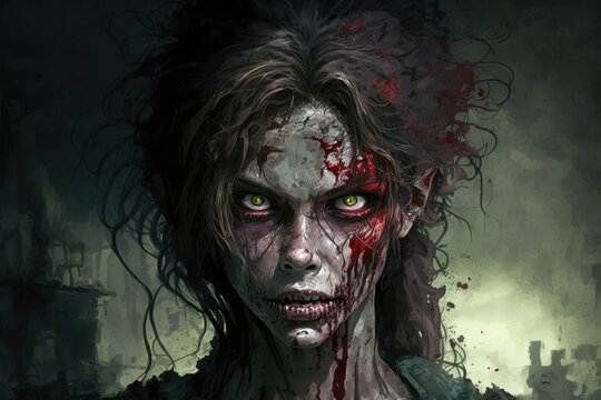 Close-up portrait of a horrible scary zombie woman. Horror. Halloween