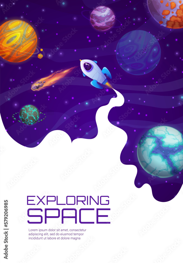 Poster landing page space, cartoon space rocket in starry galaxy universe. landing page vector template for