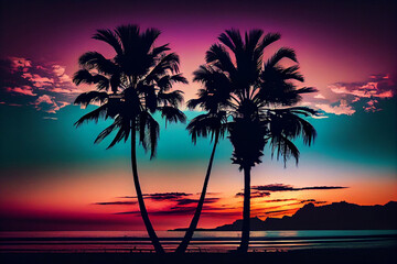 Fototapeta na wymiar Silhouette of palm trees on the beach at sunset time.generative ai