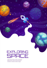 Landing page space, cartoon space rocket in starry galaxy universe. Landing page vector template for website of business project startup, company or product launch with spaceship, planets and stars