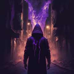 shadowy hooded figure with purple flames around it