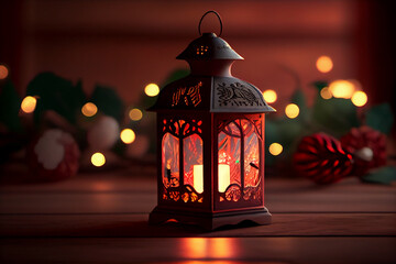 Lantern and Christmas decorations on wooden background.generative ai