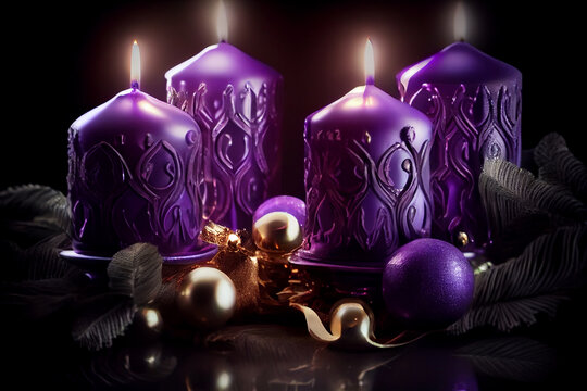 purple candles with christmas ornament.generative ai