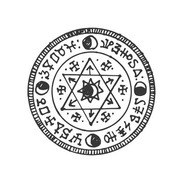 Esoteric amulet, mandala, magic talisman isolated circle magic pentagram sketch. Vector mystery mason or freemason amulet, esoteric emblem
