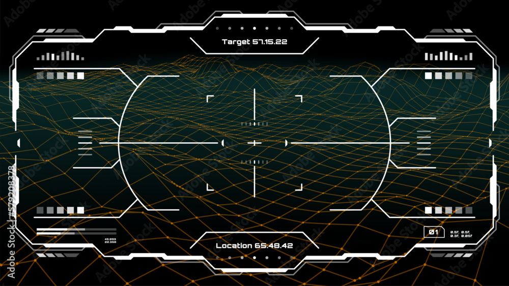 Poster Hud futuristic monitor screen interface. Target aim control. Future airplane pilot interface, target hologram screen or military viewfinder game UI vector frame with gun aim crosshair, surface mesh