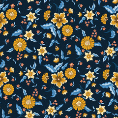 Indian Flowers Vector Seamless Pattern. Cottagecore Chintz Floral on Dark Background. Delicate Summer Boho Print