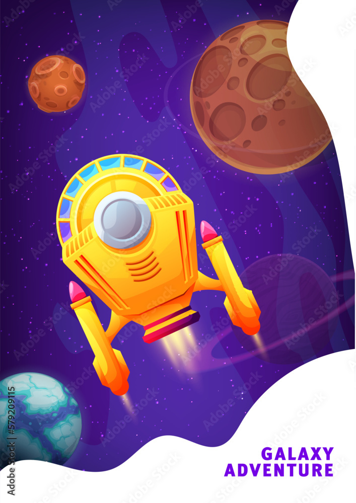 Poster cartoon spaceship in starry galaxy. space landing page for astronomy science project launch or busin