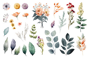 Watercolor wild flowers, herbs and branches set isolated on transparent background. Hand drawn botanical flower, herbaceous, blooming meadow grass. Generative AI