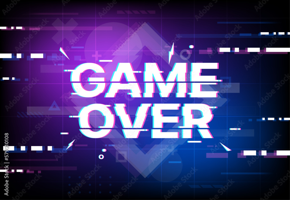 Poster game over screen glitch background. vector vintage poster with digital glitched color pixel noise on