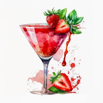 Fresh summer strawberry cocktail isolated on white background. Exotic alcohol red cocktail decorated with strawberries and leaves of mint. Generative AI art.