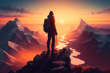 Obraz premium man standing on top of a mountain,generative AI