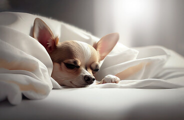 Chihuahua sleeping on the white bed - 579210935