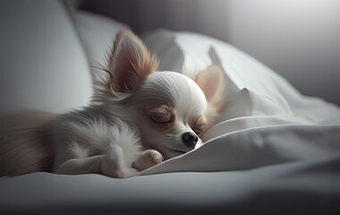 Chihuahua sleeping on the white bed - 579210940