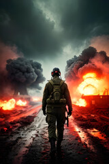 Naklejka premium Man with a gas mask, nuclear war and environmental disaster, radioactivity catastrophe, military equipment. Ai generative 