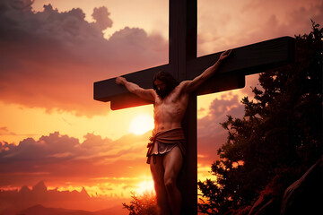 Crucifixion Of Jesus Christ - Cross At Sunset religion , good .Ai generative
