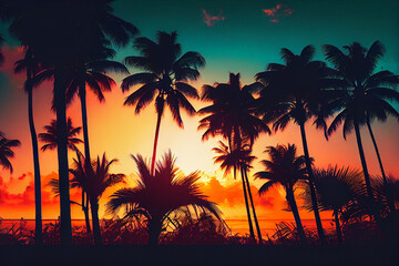 Obraz na płótnie Canvas Silhouette of palm trees on the beach at sunset time.generative ai