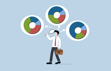Finding suitable investment portfolio type or appropriate asset allocation, considering diversification, investment strategy concept, Businessman holding magnifier to analyze pie charts.