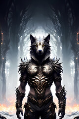 Wolf Evil werewolf , Splash art wearing armor , animal night . Generative ai