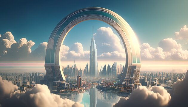 city floating in the clouds digital art illustration, Generative AI