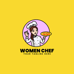 Vector Logo Illustration Woman Chef Mascot Cartoon Style.