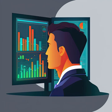 A Person Or Advisor Analyzing Stock Market Trends With The Help Of Generative AI. The Technology Provides Valuable Insights Into Market Fluctuations And Aids Ininvestment Decisions. Generative AI