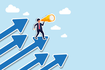Obraz premium Company success moving forward to progress for improvement concept, confidence businessman standing on growing arrows pointing up looking to the future with the telescope in the sky next target.