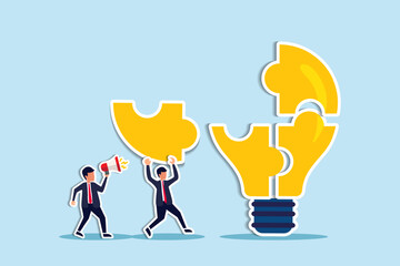 Problem solver, get solution to overcome difficulty, idea, creativity or innovation to fix problem or trouble concept, smart businessman solving lightbulb idea puzzle by connecting last jigsaw piece