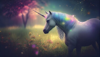 A colorful unicorn and rainbow bokeh, Generative AI, illustration