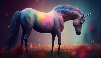Fototapeta na wymiar A colorful unicorn and rainbow bokeh, Generative AI, illustration