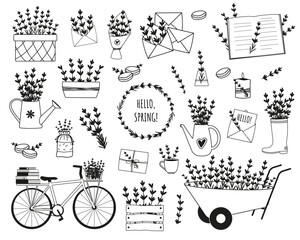 Lavender doodle set. Wreath, cart, letter, watering can, books, coffee cup, box with flowers.